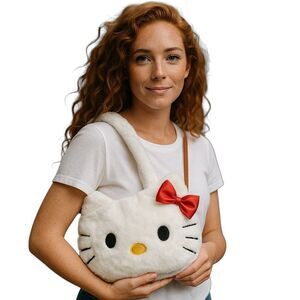 Cute Cartoon Cat Anime Shoulder Purse with Red Bow, Lightweight Fold-able